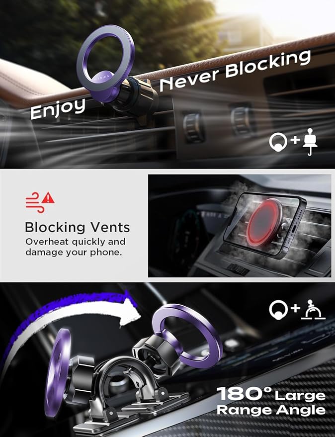 LISEN for MagSafe Car Mount, Magnetic Phone Holder, 360 Hands Free Vent iPhone Magnetic Car Mount, Magnet Phone Holder with Dashboard Pads & Mats for iPhone 17 16 15 14 13 12 Pro Max Plus Mini,Purple