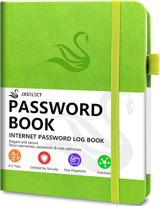 Elegant Password Book with Alphabetical Tabs - Hardcover Password Book for Internet Website Address Login - 7" x 10" Password Keeper and Organizer w/Notes Section & Back Pocket (Green)