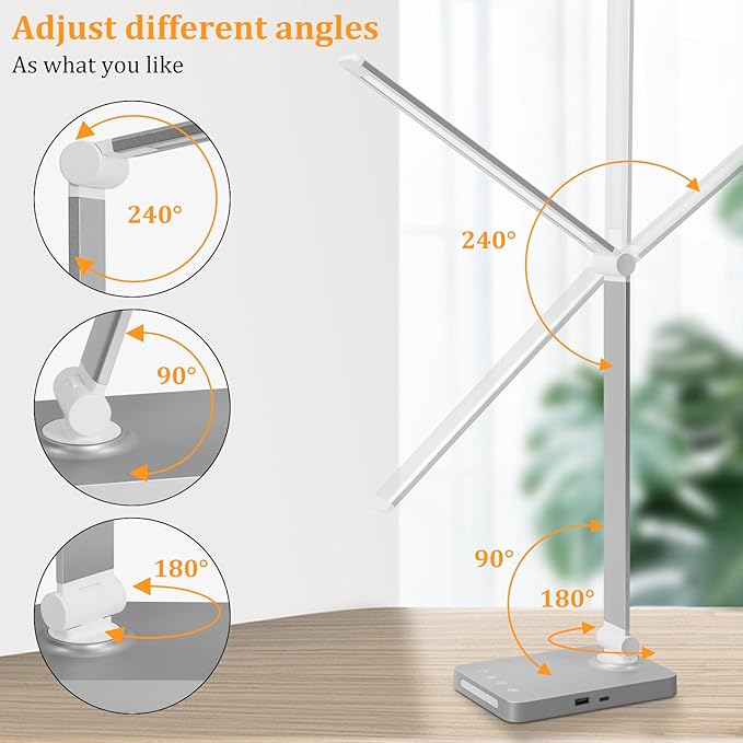 Dott Arts LED Desk Lamp with USB Ports,Touch Desk Lamps for Home Office with 5 Color Modes,3 Brightness Desk Light with Small Night Light,Reading Lamp Table LED Lamp for Bedroom Bedsid Study Sliver