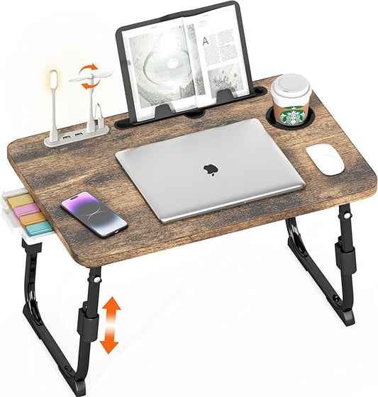 Laptop Desk for Bed Height Adjustable, Lap Bed Table with USB/Storage Drawer/Cup Holder/Tablet Stand/Book Shelf, Foldable Breakfast Tray Portable for Reading Writing, Sofa & Floor, Carbonized
