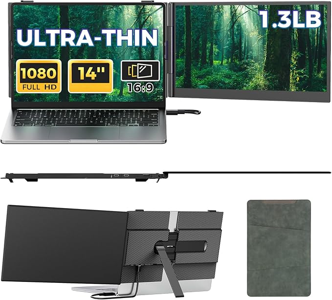 Laptop Screen Extender,14" FHD 1080P IPS Portable Monitor for Laptop,Ultra-Thin 0.17" & 1.3lbs Lightweight,Plug & Play Dual Screen for 13-17.3" Laptops,Compatible with Wins/Mac/Android/Switch/Chrome