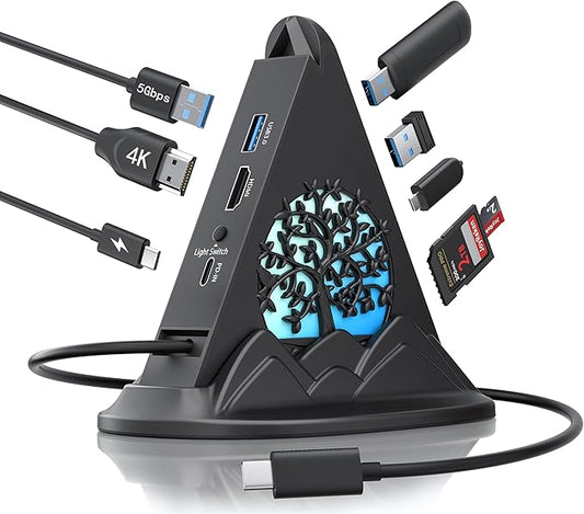 USB C Hub Multiport Adapter, 8 Ports with RGB Light, 4K HDMI, 100W PD Charging, 3 USB A and 1 USB C Data Ports, SD/TF Card Reader, Compatible with Gaming Laptops, Switch, PS5