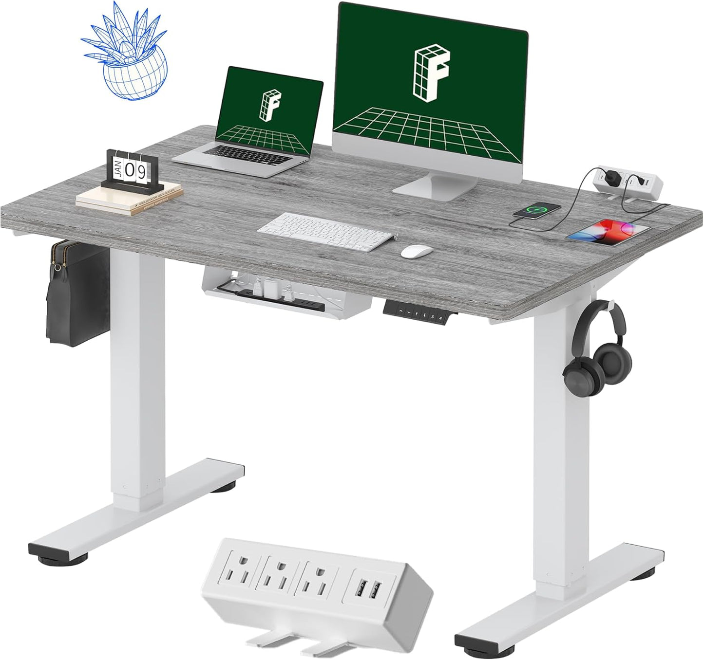 FLEXISPOT EN2 Whole-Piece Standing Desk with Clamp Power Strip, 48 x 30 Electric Stand Up Height Adjustable Desk with Cable Management (White Frame + 48" Gray Wood Grain, 2 Packages)