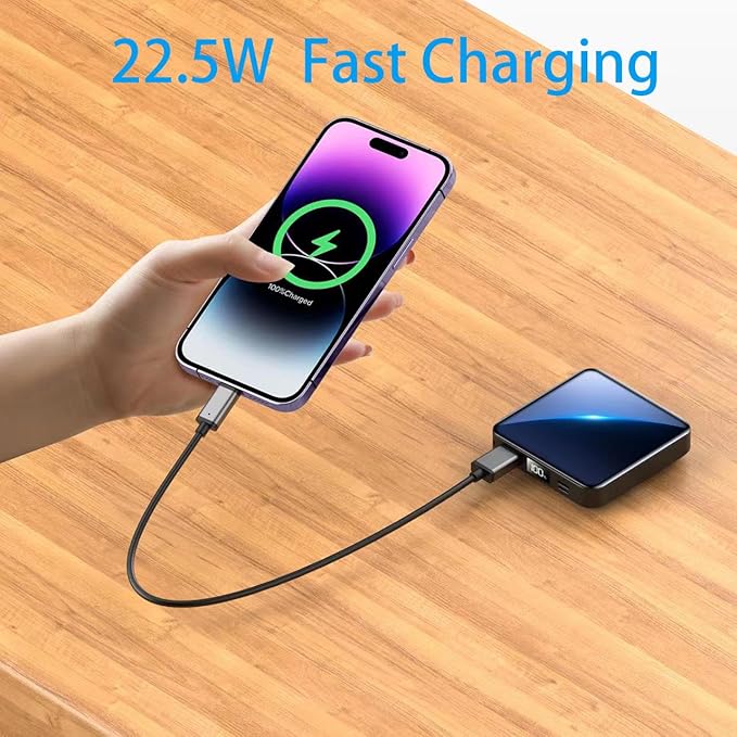 Portable Charger 12000mAh with Built-in Cables,22.5W Fast Charging Power Bank,USB C Input/Output,Smart LED Display,Compact External Battery for iPhone 15,Samsung Galaxy,iPad,Tablets