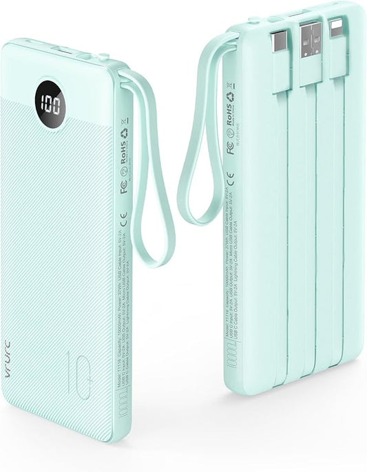 VRURC Portable Charger Power Bank, 10000mAh Travel Essentials Battery Pack, 5 Outputs 2 Inputs Slim Charging Bank Built-in Cables Cords Wires Compatible with iPhone,Samsung,Android-Green(1 Pack)