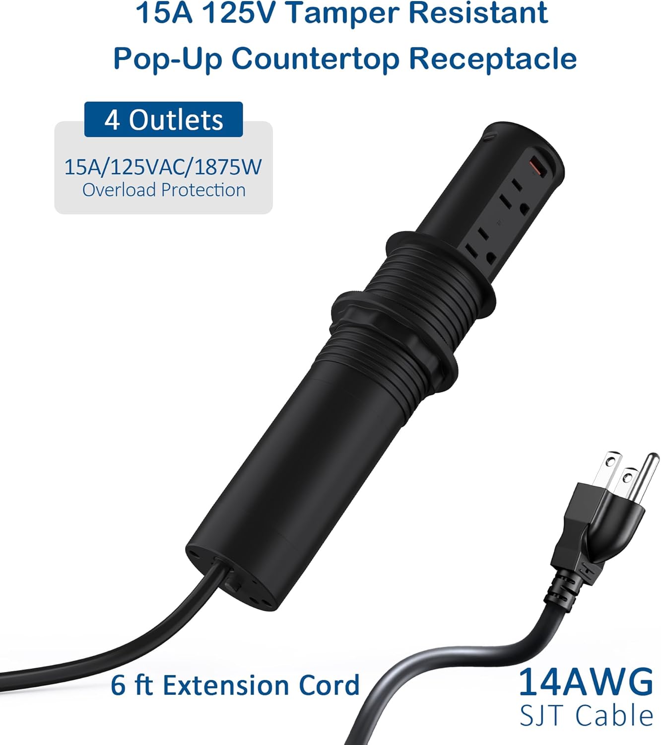 Jgstkcity Pop Up Power Outlet for Countertops & Desks,2.5-Inch Hole Flush, Mount, 20W USB-C, 4 USB Ports, 4 Tamper-Resistant 15A Outlets - Space-Saving Recessed Design,1875W,ETL Listed