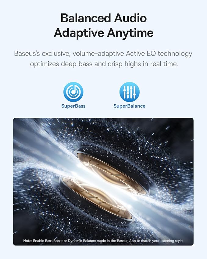Baseus Bass BP1 Pro Noise Cancelling Wireless Earbuds, Real-Time Adaptive Noise Cancelling, Adaptive Active EQ, LDAC Hi-Res Sound, 6-Mic AI Clear Calls, 55H Playtime, IP55 Waterproof, Bluetooth 6.0