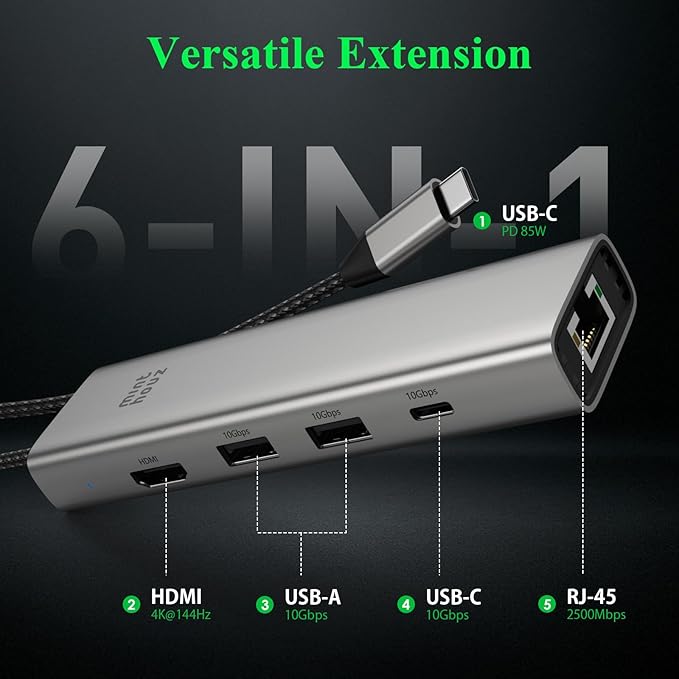 Minthouz USB C Hub, 6 in 1 Laptop Docking Station, Multiport Adapter with HDMI 4K@144Hz, 2500Mbps LAN, 10Gbps USB-A/C Ports, PD 100W Charging, Compatible with Surface, M1, M2, M3, HP, Lenovo