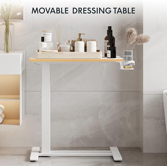 FLEXISPOT H7 Adjustable Overbed Bedside Table with Wheels Pneumatic Mobile Standing Desk Laptop Desk Rolling Computer Cart Movable Overbed Table Hospital Home Use(27.6" W x 15.7" D, White Maple)