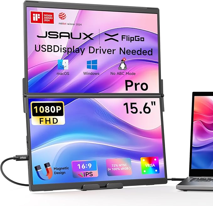 JSAUX FlipGo Pro 15.6" Dual Portable Monitors, 1080P FHD IPS Dual Screen Monitor, Triple Screen Laptop Monitor Extender for Wins/macOS (Driver Required) with Magnetic Design/Plug & Play/Built-in Hub