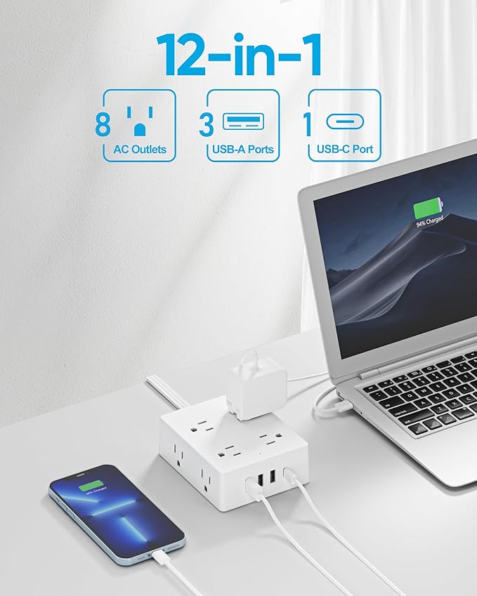 Surge Protector Power Strip 10 ft Cord, Olcorife Ultra Thin Flat Plug Extension Cord, 8 Outlets 4 USB Ports(1 USB C), Flat Plug Outlet Extender, College Dorm Room Essentials, White