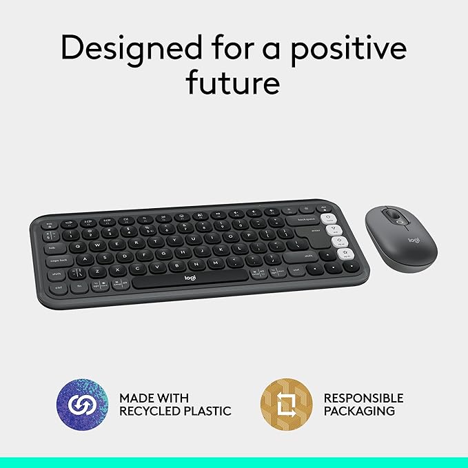 Logitech POP ICON Combo, Bluetooth Keyboard and Mouse Combo, Comfortable Typing, programmable Keys and Buttons, Quiet clicks, Easy-Switch up to 3 Devices - Graphite and Off-White