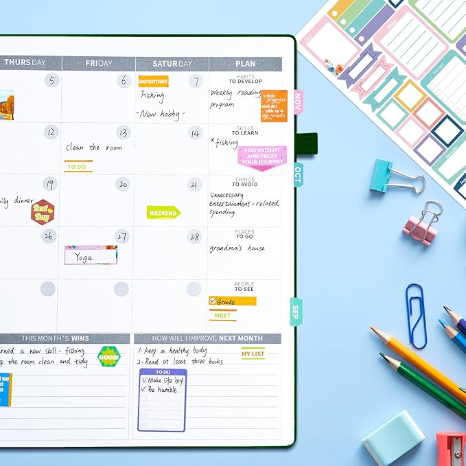 Ospelelf Planner Stickers, 18 Sheets Monthly Calendar Sticker Pack, Inspirational Motivational Quotes Festivals Label Sticker, for Decorating Organizers Scrapbooks Laptops Cups