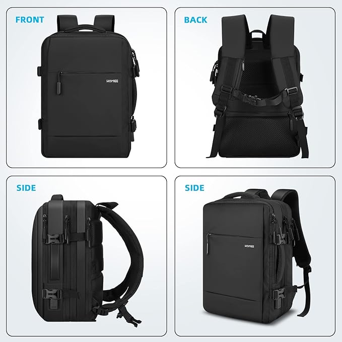 HOMIEE Travel Laptop Backpack TSA Friendly Flight Approved Carry-on Bags with USB Charging Port, Expandable Luggage Daypack Extra Large Suitcase Durable Weekender Bag, Black