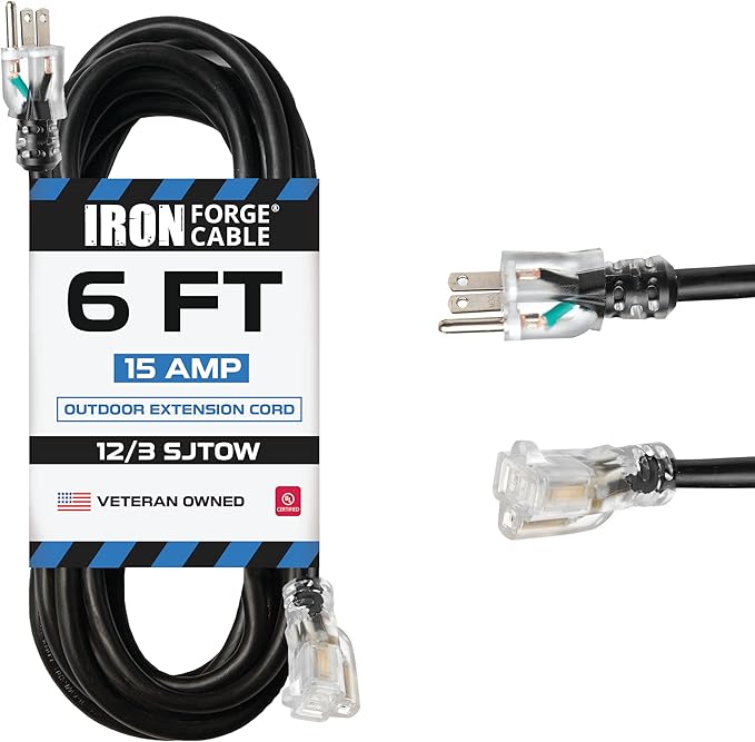 Iron Forge Cable 12 Gauge Outdoor Extension Cord 6 Ft, SJTW 12/3 Heavy Duty Extension Cord 3 Prong, Flame Retardant Black Electric Cable - Lighted End