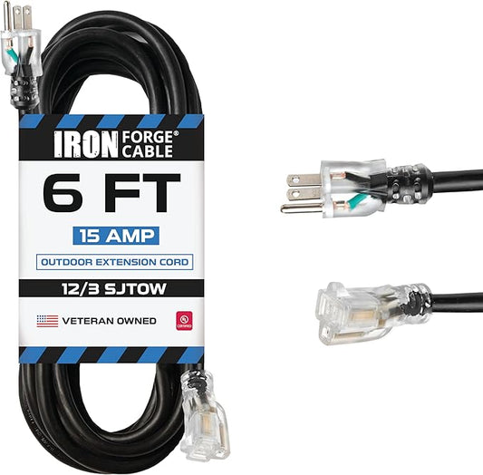 Iron Forge Cable 12 Gauge Outdoor Extension Cord 6 Ft, SJTW 12/3 Heavy Duty Extension Cord 3 Prong, Flame Retardant Black Electric Cable - Lighted End