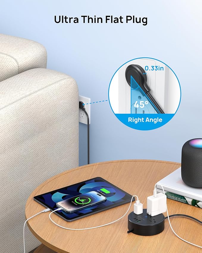 TROND 20W USB C Travel Power Strip - Retractable Extension Cord 5ft Ultra Thin Flat Plug, Power Strip with 3 AC Outlets and USB C Fast Charging, Cruise Ship Essentials, for Home Hotel Dorm Room, Black