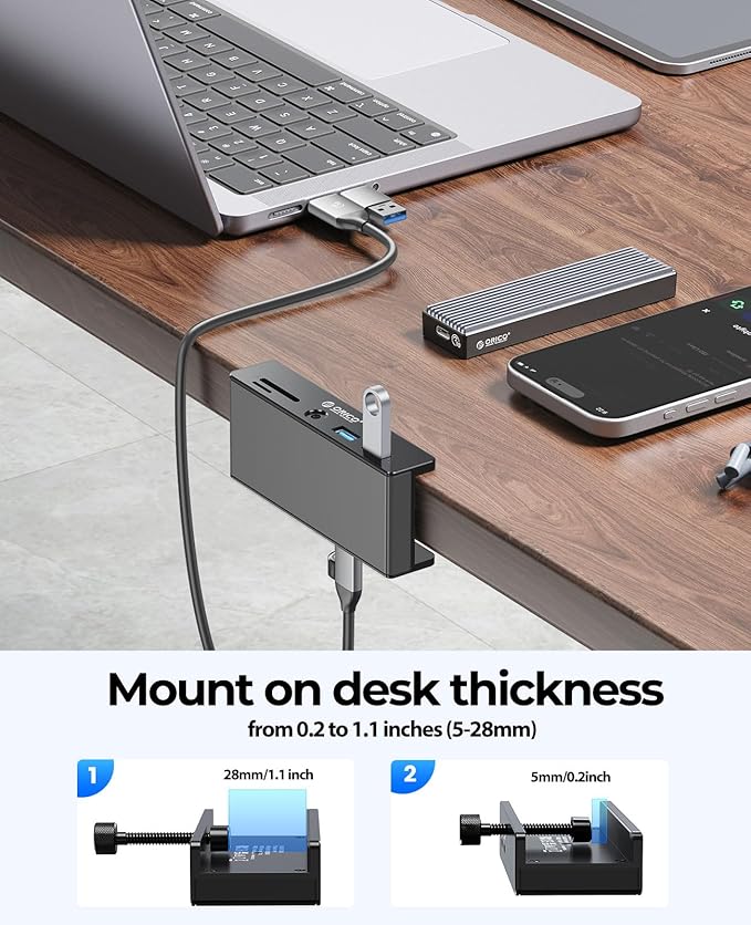 ORICO USB Hub 3.0, Clamp USB Hub with Extra Power Port, Aluminum USB C Adapter with 2 USB-A Data Ports,3.5mm AUX, SD/TF Card Reader for Desktop(Black)