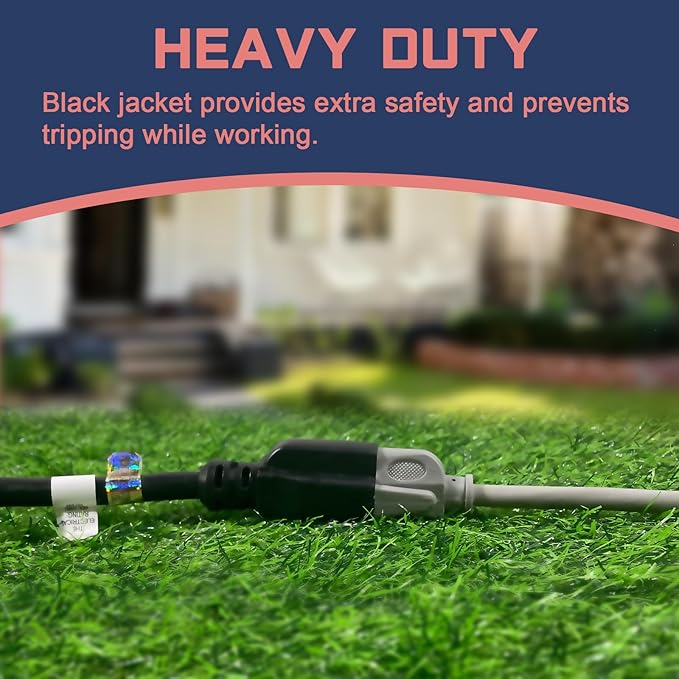 10 Ft Outdoor Extension Cord - 12/3 SJTW Heavy Duty Black Extension Cable with 3 Prong Grounded Plug - Power Cord for Lawn, Garden, Appliances