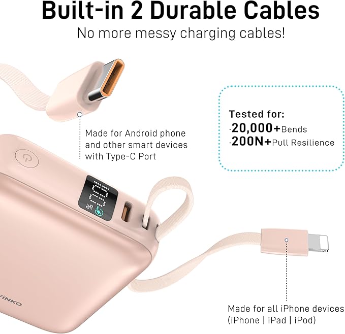 VINKO 10000mAh Power Bank Built-in Cables, Fast Charging with LED Display, Small Travel Battery Pack with Cords, Airplane Travel Essentials,Portable Phone Charger for Cell Phone Smart Devcies(Pink)