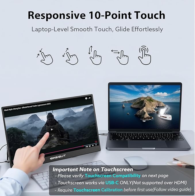 Portable Monitor Touchscreen 15.6'' FHD 1080P USB-C HDMI Ultra-Slim Gaming Display, Built-in Stand Speakers HDR IPS,for Laptop PC Mac Phone PS4/5 Travel Monitors (1080p Touchscreen, 15.6")