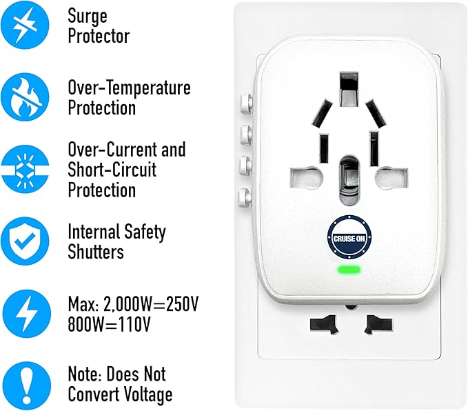 Cruise On Universal Travel Adapter, Cruise Approved (Incl. Royal Caribbean, Disney) - International Power Adapter [2 USB-C, 2 USB, AC] World Travel Plug Adapter Converter - USA, Italy, Europe, Asia
