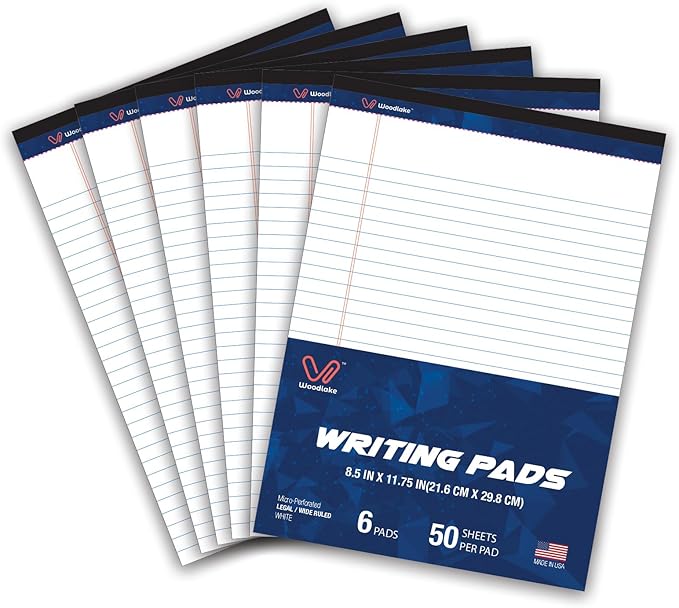 Woodlake Legal Pads 8.5 x 11 , 6 Pack, Wide Ruled Note Pad, Premium 60 GSM White Paper Pad, No Ink Bleed, Micro‑Perforated Notpad, Sturdy Chipboard Back, 50 Sheets/Pad,for School, Office & Home, Made in USA