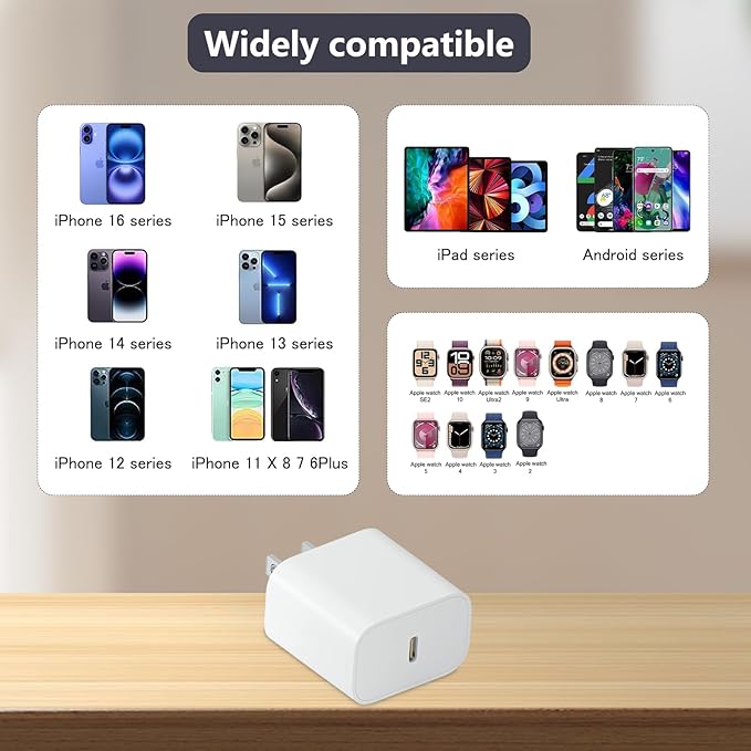 20W USB C Fast Charger Block for Apple iPhone 17 Air 16e 15 Watch, PD Type-C Fast Travel Charging Plug Power Adapter Compatible with Apple iPhone iWatch, iPad and More,1Pack,White