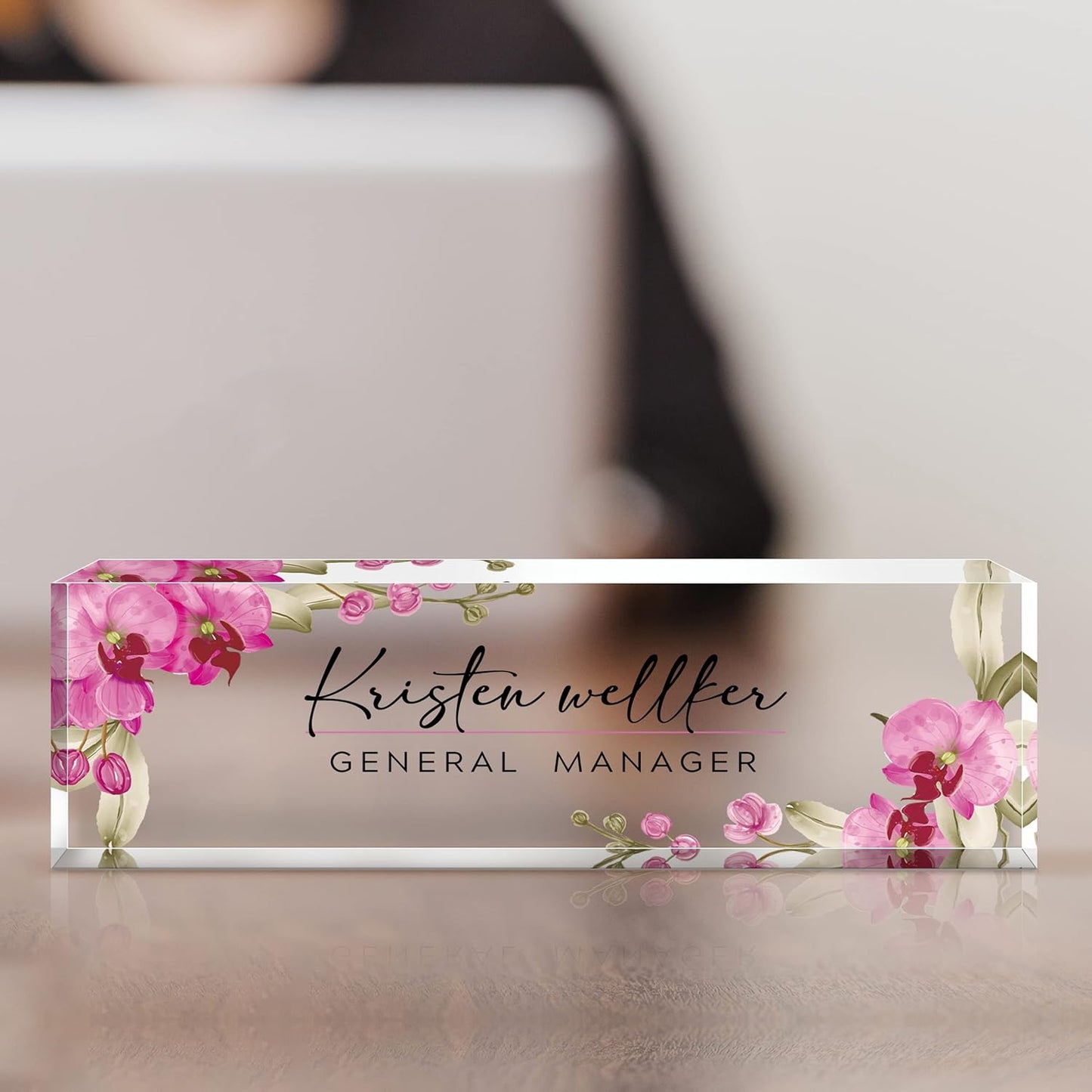 Desk Name Plate Personalized, Premium Butterfly Orchid Acrylic Desk Name Plate, Personalized Name Plate for Desk, Office Decor for Women or Men Coworkers, Boss, Employee, Teacher