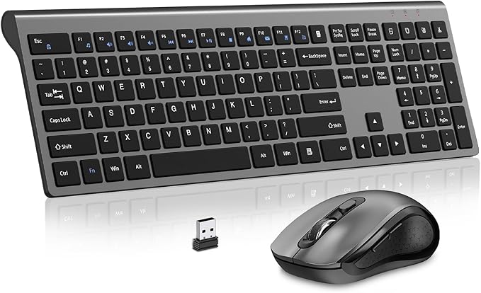 Keyboard and Mouse Wireless, Slim Full Size Keyboard with Calculator Button, Fn Lock, Silent Computer Mouse with Side Button, 2400 DPI, 2.4G USB Cordless Set for Laptop PC Windows Mac -Gray