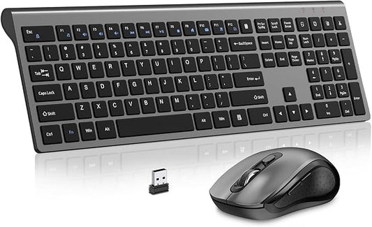 Keyboard and Mouse Wireless, Slim Full Size Keyboard with Calculator Button, Fn Lock, Silent Computer Mouse with Side Button, 2400 DPI, 2.4G USB Cordless Set for Laptop PC Windows Mac -Gray