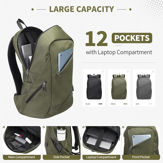 Travel Laptop Backpack, Anti-Theft Carry On Backpack Professional, TSA-Approved Water-Resistant Rucksack for Work Men Women Fits 16 Inch Notebook, Green