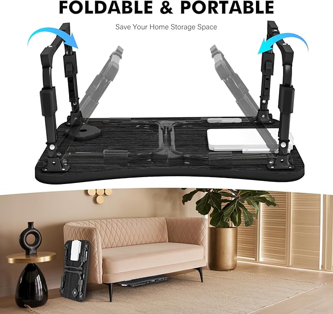Lap Desk for Bed Adjustable Height, Foldable Bed Table with Storage Drawer, Tablet Slot & Cup Holder, Portable Laptop Stand for Bed & Sofa, Bed Desk for Adults & Kids, Black