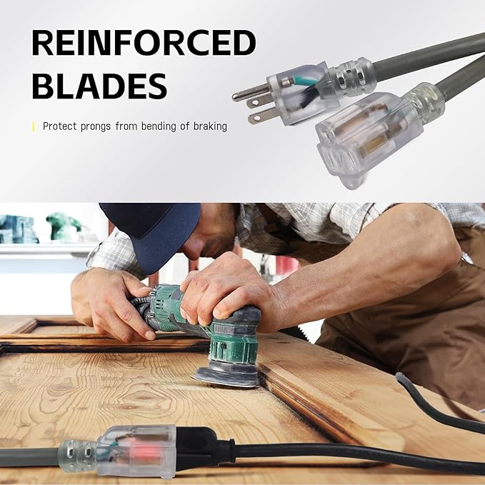 EP 15 Ft Lighted Outdoor Extension Cord - 12/3 SJTW Heavy Duty Grey Extension Cable with 3 Prong Grounded Plug - Power Cord for Lawn, Garden, Appliances