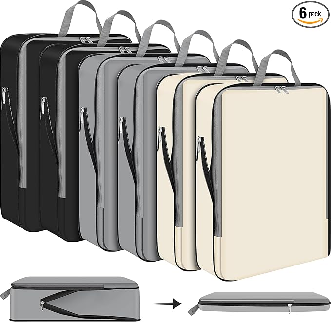 Hosuly 6 Pcs 17.3 x 12.6'' Compression Packing Cube Bag Extra Large Travel Expandable Space Saving Organizers XL for Luggage Storage(Black, Gray, Beige)