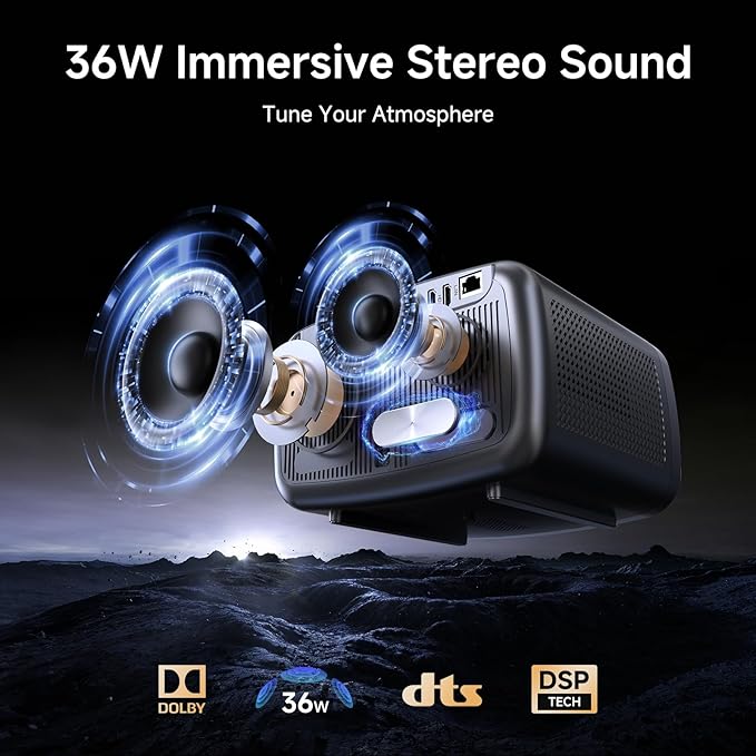 [1500 ANSI/Auto Focus/Built-in APPS] Smart Projector 4K with WiFi 6 and Bluetooth 5.3, 6D Keystone Outdoor Movie Projector with Netflix& 36W Dolby Audio Plus HDR10+ Home Theater Ceiling