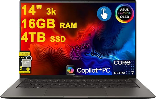 ASUS Zenbook S14 Laptop 14" 3k OLED Touch (120Hz, 500nits HDR, 100% DCI-P3) Intel 8-core Ultra 7 256V (Up to 47 Tops) 16GB DDR5 4TB SSD for Creator Business Professional Win11 ICP Hub w/Copilot+ AI