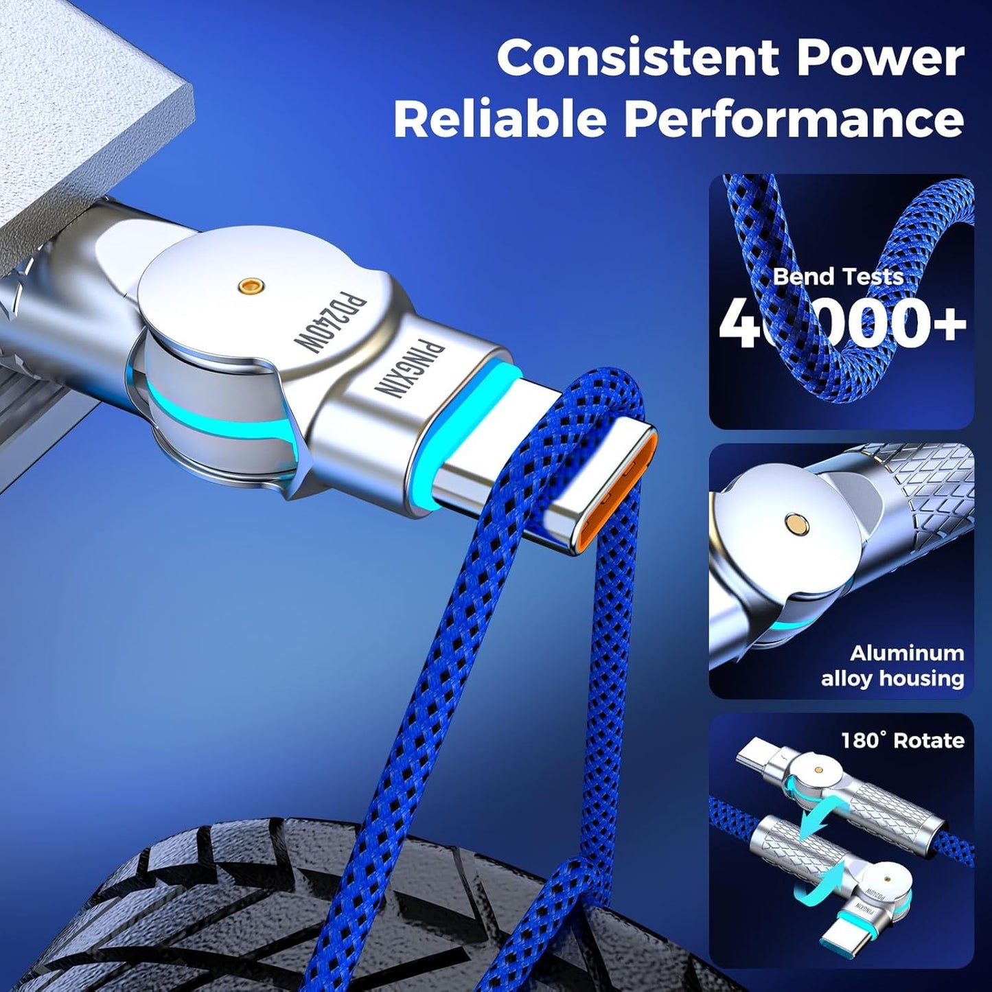 USB C to USB C Cable 10FT 240W, 180°Rotating USB C Cable Braided Type C Charger Cable Fast Charge for iPhone 17/16Pro 17/16Plus 17/16ProMax,MacBook Air,iPad Pro,Pixel,Samsung Galaxy S23/S24Ultra-Blue