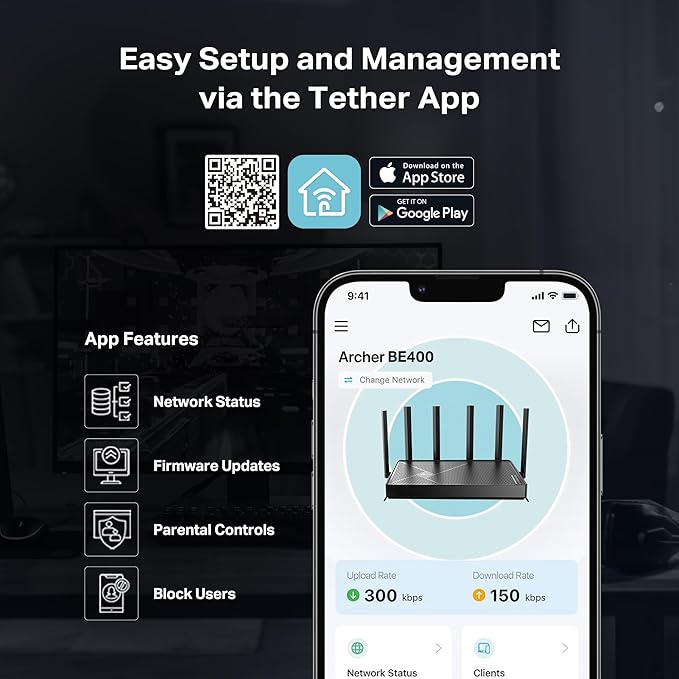 TP-Link Archer BE6500 Dual-Band Wi-Fi 7 Router (Archer BE400) | Dual 2.5 Gbps Ports USB 3.0 | Covers up to 2,400 Sq. ft and 90 Devices | Quad-core CPU| HomeShield, Private IoT, Free Expert Support