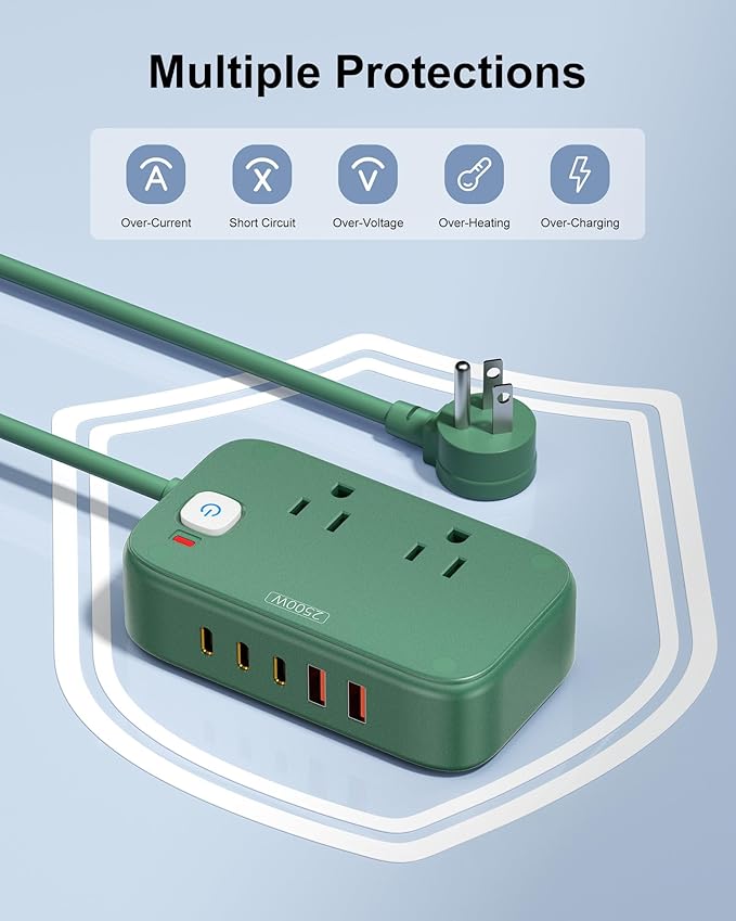 Travel Power Strip with USB C - 40W Charging Station with 2 Outlets 3 USB A & 2 USB C - Charger for Multiple Devices, 5Ft Flat Plug Extension Cord, Non Surge Protector for Cruise Travel Office(Green)