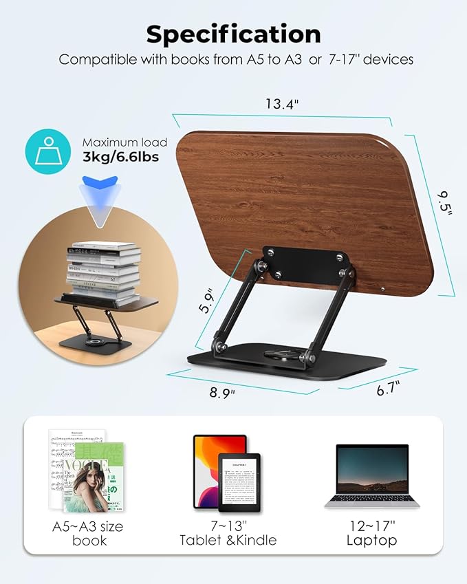 Viozon Book Stand for Reading,Book Holder, Height&Angle Adjustable, 360° Rotating Base, Foldable and Portable, Lightweight for Office, Kitchen, School Textbook, Recipe, Magazine,Kindle,Tablet DW