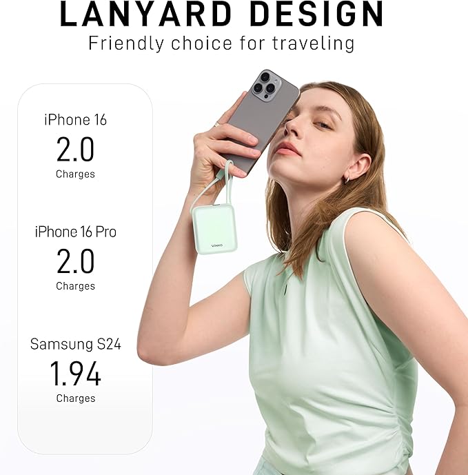 VINKO Small Portable Charger, 22.5W Fast Charging Mini Power Bank 10000mAh with Built-in Cables LED Display, Travel Essential USB-C Battery Pack Compatible with iPhone,Samsung,Android (Green)