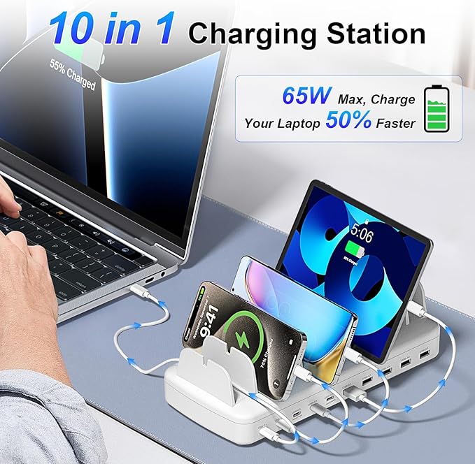 260W Cell Phone Charging Station for Multiple Devices, 10-Port USB C Fast Charger Hub for MacBook, iPhone, Android, iPad, Tablet, Kindle, Family Multi-Device Organizer Charging Dock, White