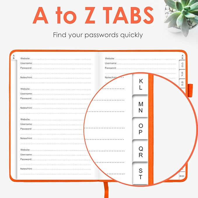 Elegant Password Book with Alphabetical Tabs - Hardcover Password Book for Internet Website Address Login - 5.2" x 7.6" Password Keeper and Organizer w/Notes Section & Back Pocket (Orange)