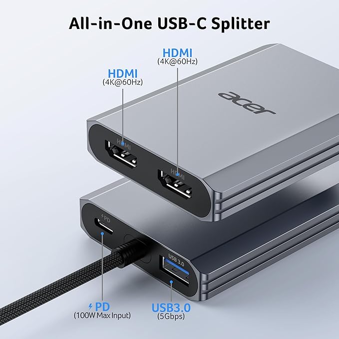 Acer USB C to Dual HDMI Adapter 4K@60Hz, 4-in-1 HDMI Splitter for Dual Monitors with 100W PD, USB 3.0, Docking Station Dual Monitor Compatible with Acer, MacBook Air/Pro, Dell XPS, HP, etc