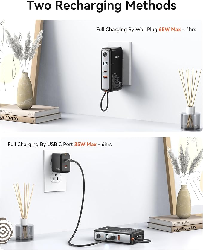 Portable Charger, 10000mAh Power Bank Built in Cable and Wall Plug 65W for Laptop, 3 in 1 Phone Battery Pack 35W Fast Charging, Travel Essentials USB C Compatible with iPhone 17 16 15 Samsung MacBook