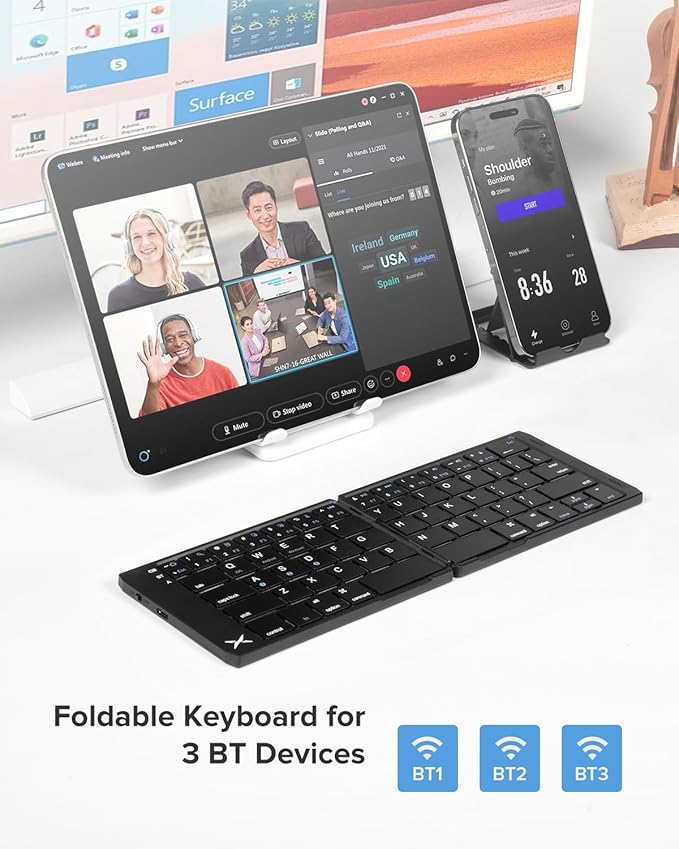 DeLUX Foldable Bluetooth Keyboard, Wireless Portable Travel Keyboard with Stand Holder, Rechargeable Ultra Slim Mini Size, for iOS Android Windows Mac Smartphone Tablet (KF19)