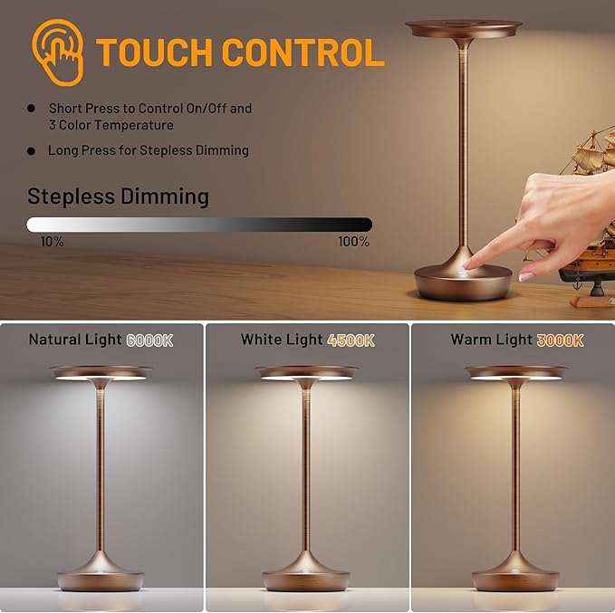 LED Cordless Table Lamp Rechargeable - Outdoor 6000mAh Battery Operated Portable Table Lights 3 Color Stepless Dimming Table Lamps with Memory Function for Patio Restaurant Dining Moka