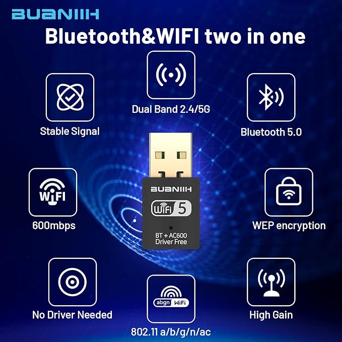 WiFi Adapter for Desktop PC,USB WiFi Adapter,Bluetooth&WiFi 2-in-1,600Mbps 2.4/5.8Ghz Dual Band Wireless Network,Plug and Play, for PC/Laptop/Desktop,Support Win7/8/8.1/10/11