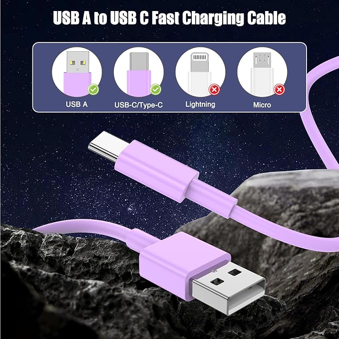 3-Pack Purple [3.3FT+3.3FT+6FT] USB A to USB C Cable，USB to USB C Car Carplay Cable for iPhone 16 15 Pro Plus Pro Max，for iPad Pro/Air/Mini，for Samsung S24/S23/S22，for MacBook Pro/Air and More